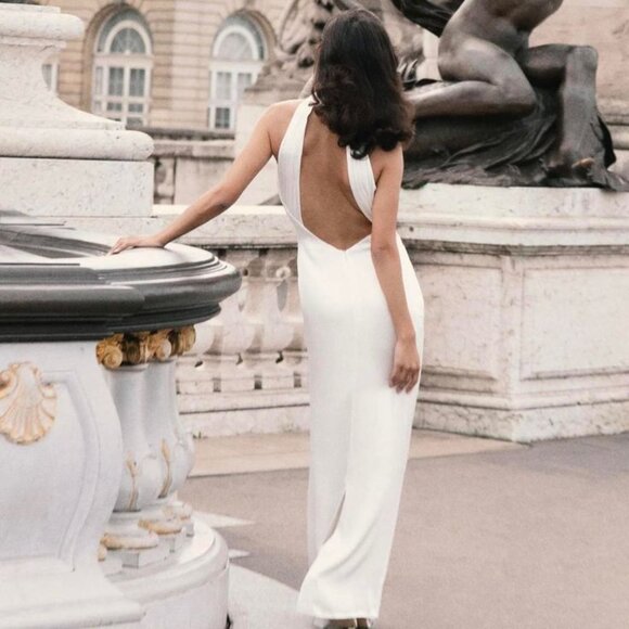 Elegant White Maxi Dress Open Back XS - Meshki Claire Satin Drape Halter Neck - Picture 8 of 11
